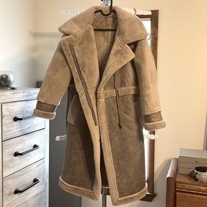 Oversized ASOS faux fur lined, long motor coat. Taupe- size Small Petite